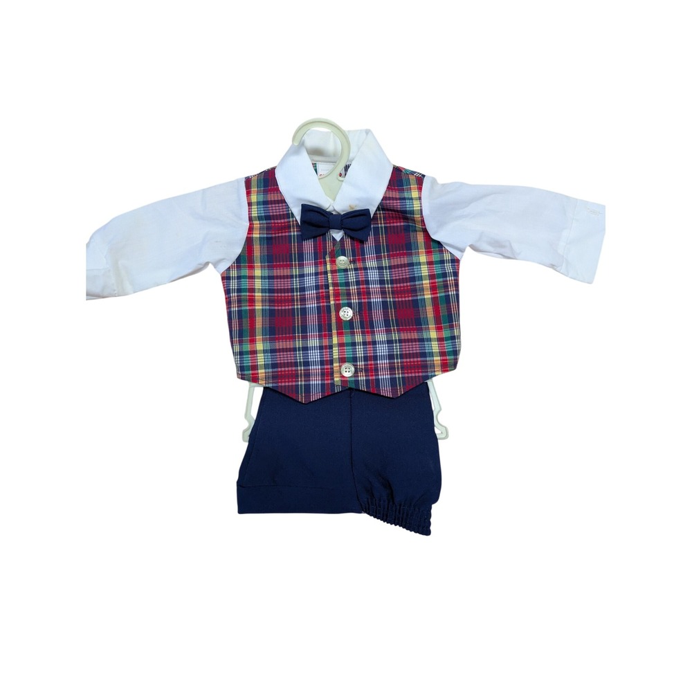 Vintage Winnie The Pooh Baby Boys 3pc Plaid Vest Set Navy Pants Shirt Size S USA